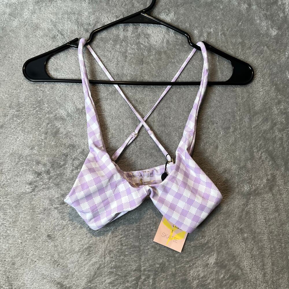 Skatie Women’s XS Bikini Top Purple Lilac White Checkered New‎ California Style